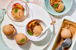 Grilled peaches with peach coconut sorbet